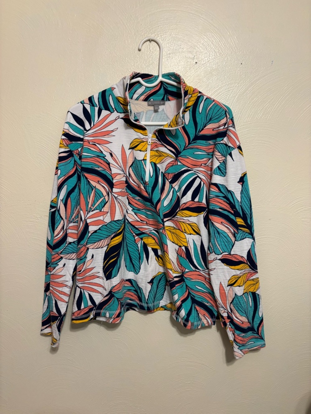 Talbots Tropical Leaf Print Half Zip Pullover Size L UPF 50 Lightweight